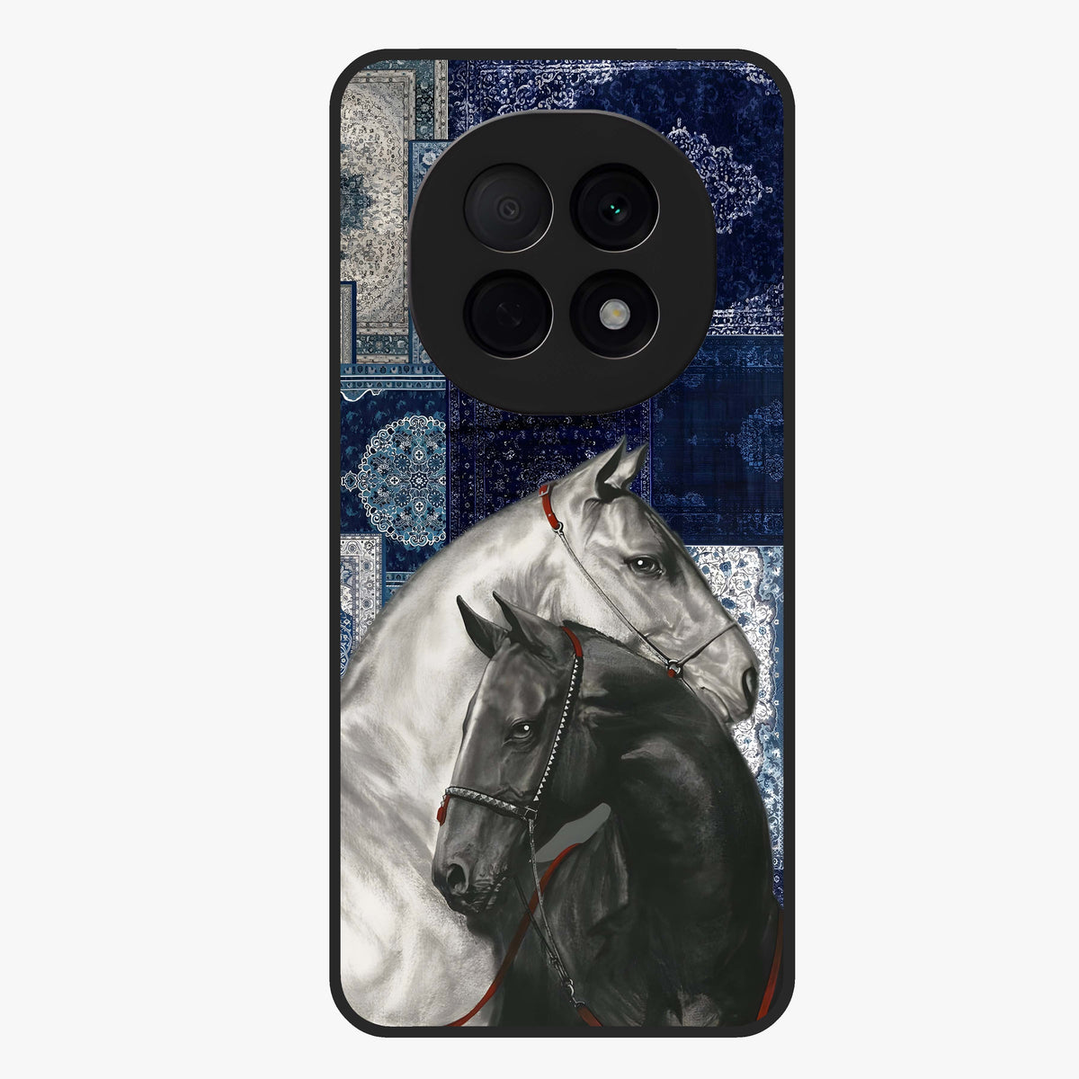 Midnight Stallion Blues Glass Case showing flat back view with majestic horse artwork and glossy glass finish.