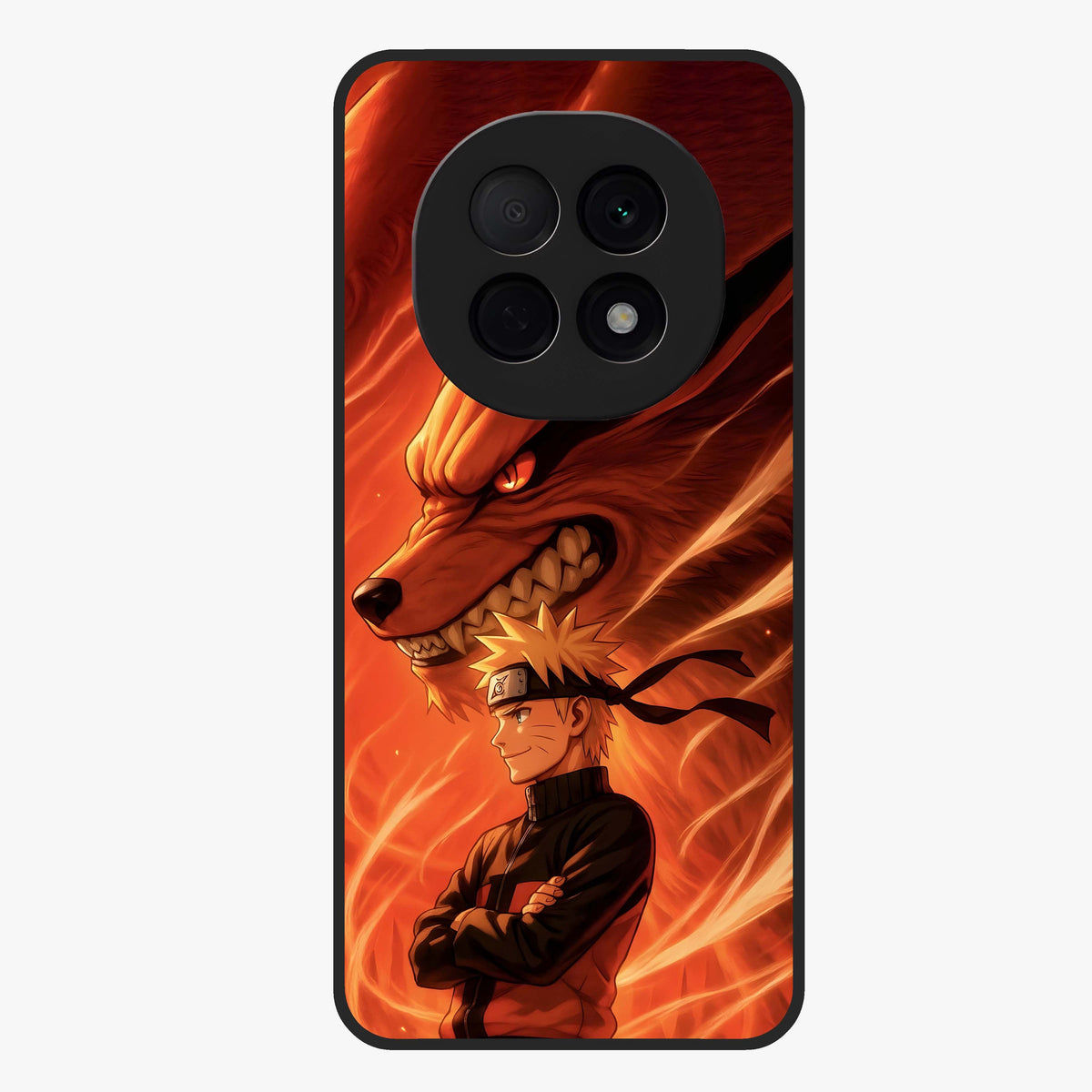Nine Tails Legacy Glass Case showing flat back view with powerful nine-tailed fox inspired artwork and glossy glass finish.