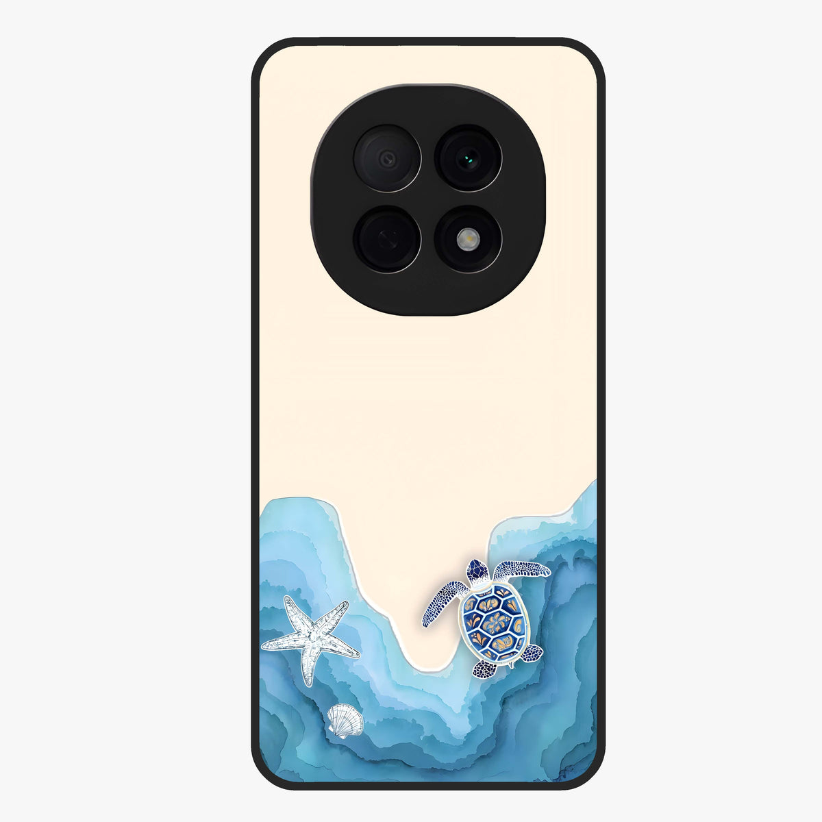 Ocean Drift Turtle Glass Case showing flat back view with sea turtle artwork and glossy glass finish.