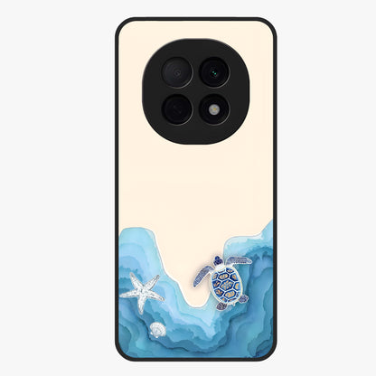 Ocean Drift Turtle Glass Case showing flat back view with sea turtle artwork and glossy glass finish.