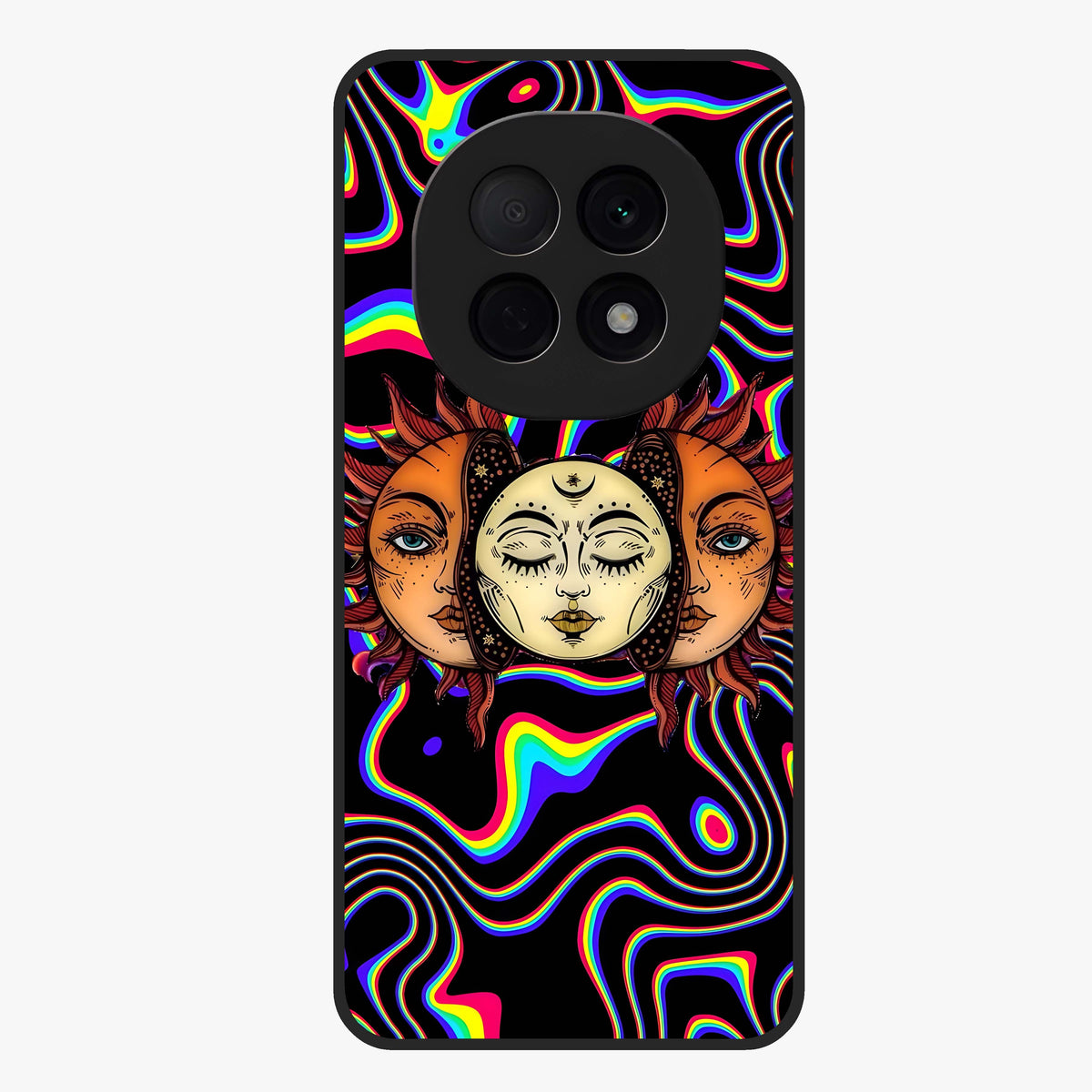 Psychedelic Sun Glass Case showing flat back view with colorful psychedelic sun artwork and glossy glass finish.