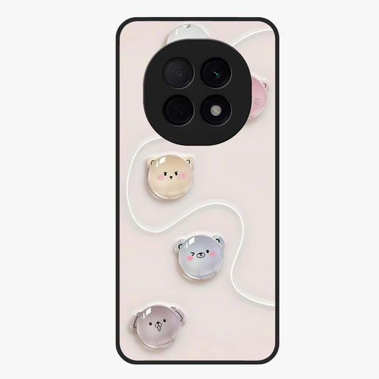 Puffy Face Parade Glass Case showing flat back view with cute puffy character faces artwork and glossy glass finish.