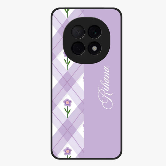 Purple Diamond Floral Glass Case showing flat back view with diamond shaped floral artwork and glossy glass finish.