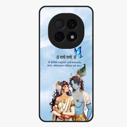 Radha Krishna Eternal Glass Case showing flat back view with Radha Krishna devotional artwork and glossy glass finish.