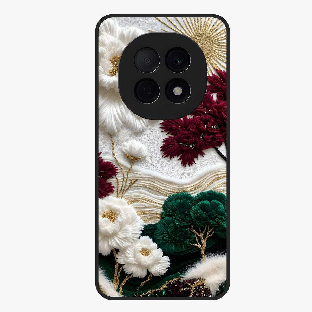 Radiant Bloom Elegance Glass Case showing flat back view with elegant blooming flower artwork and glossy glass finish.