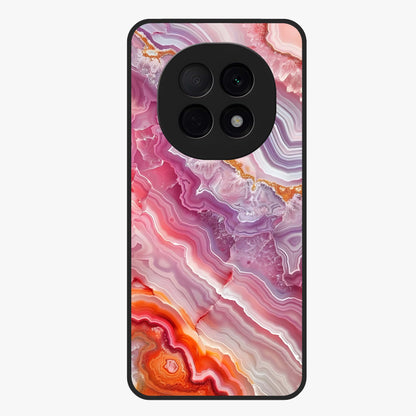 Rose Quartz Marble Glass Case showing flat back view with pink marble quartz texture artwork and glossy glass finish.