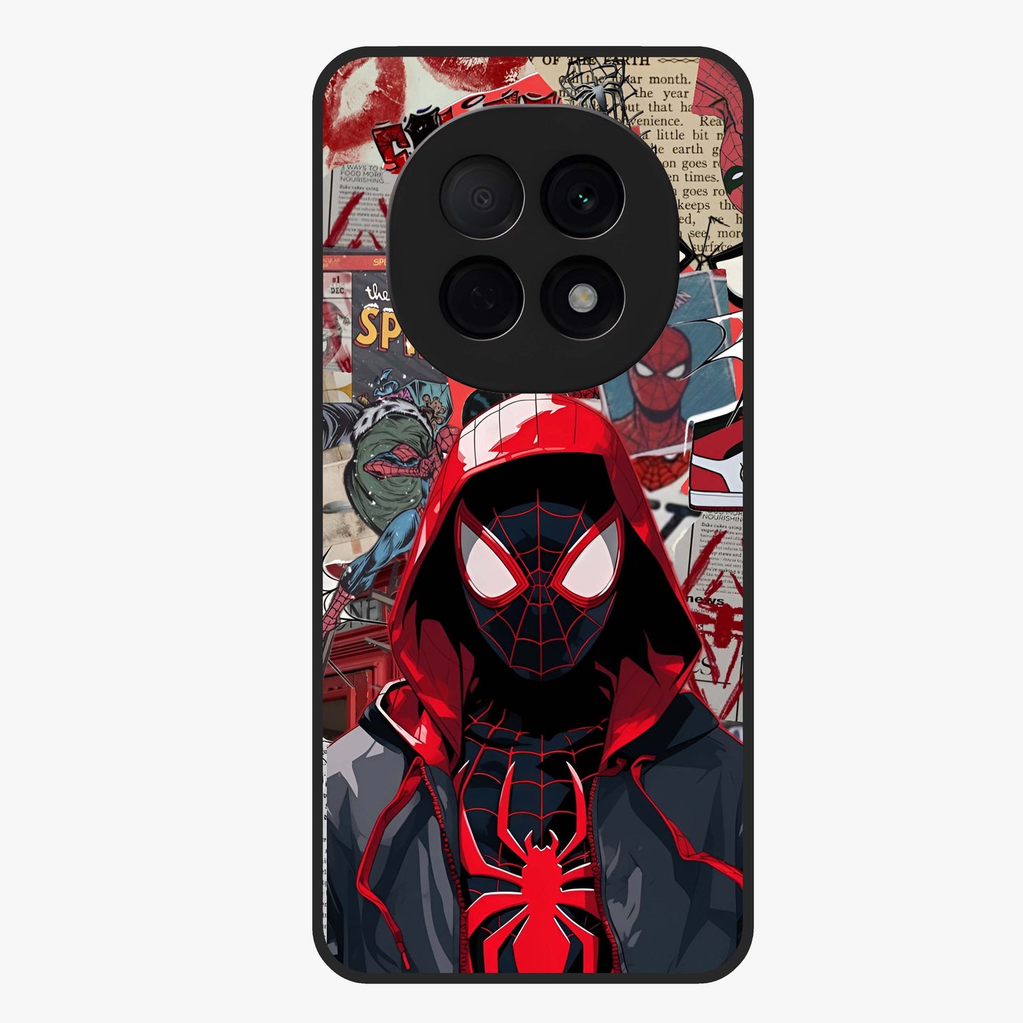 Spider Collage Street Glass Case showing flat back view with vibrant superhero collage artwork and glossy glass finish.