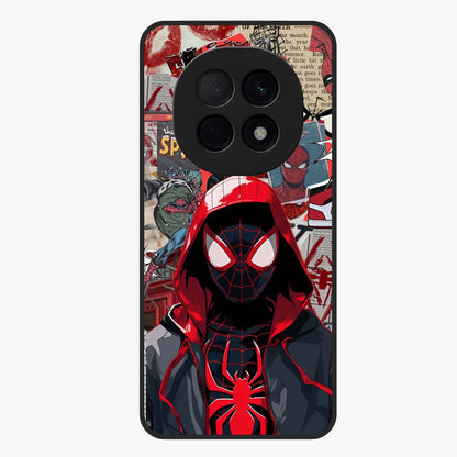 Spider Collage Street Glass Case showing flat back view with vibrant superhero collage artwork and glossy glass finish.