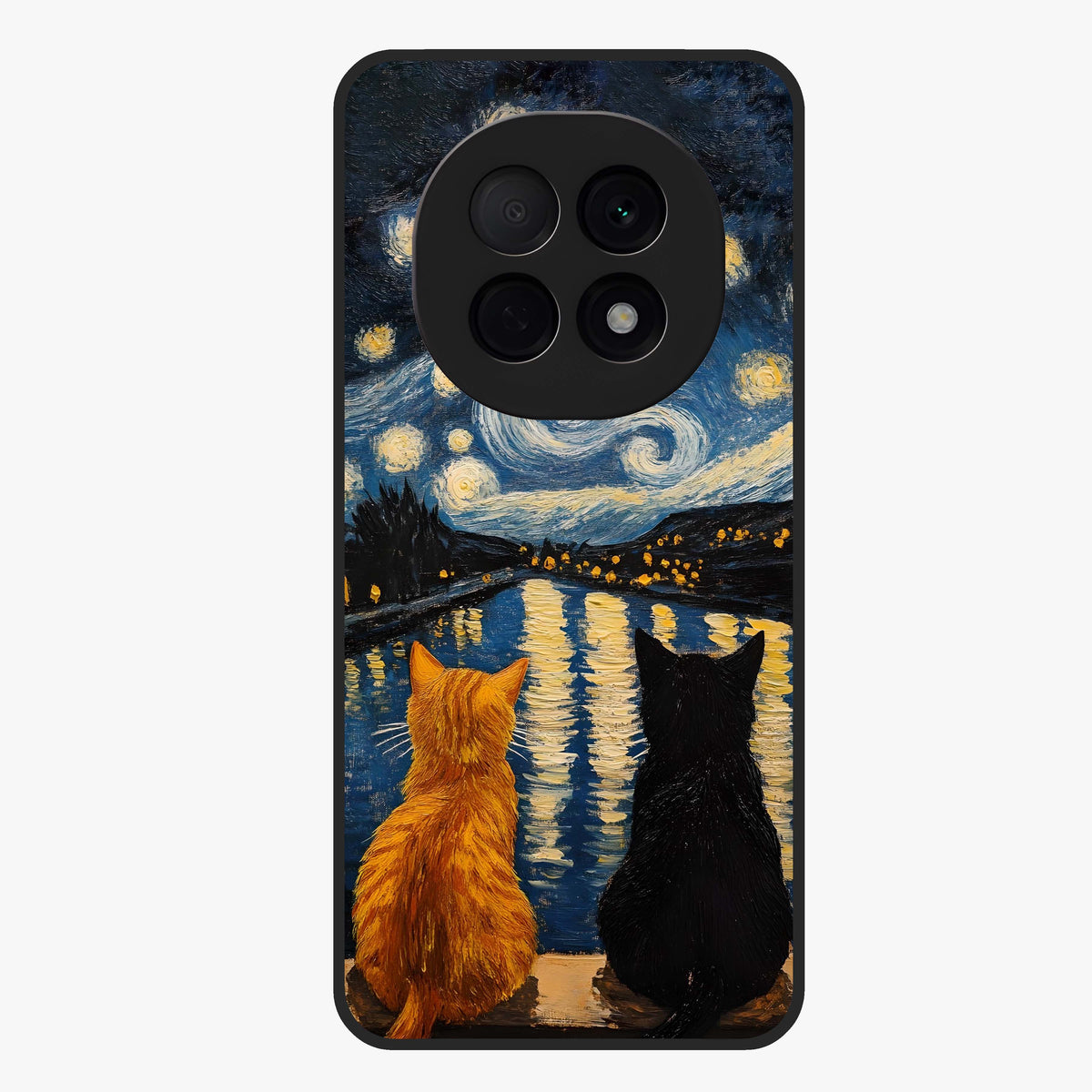 Starry River Cats Glass Case showing flat back view with cats by a starry river artwork and glossy glass finish.