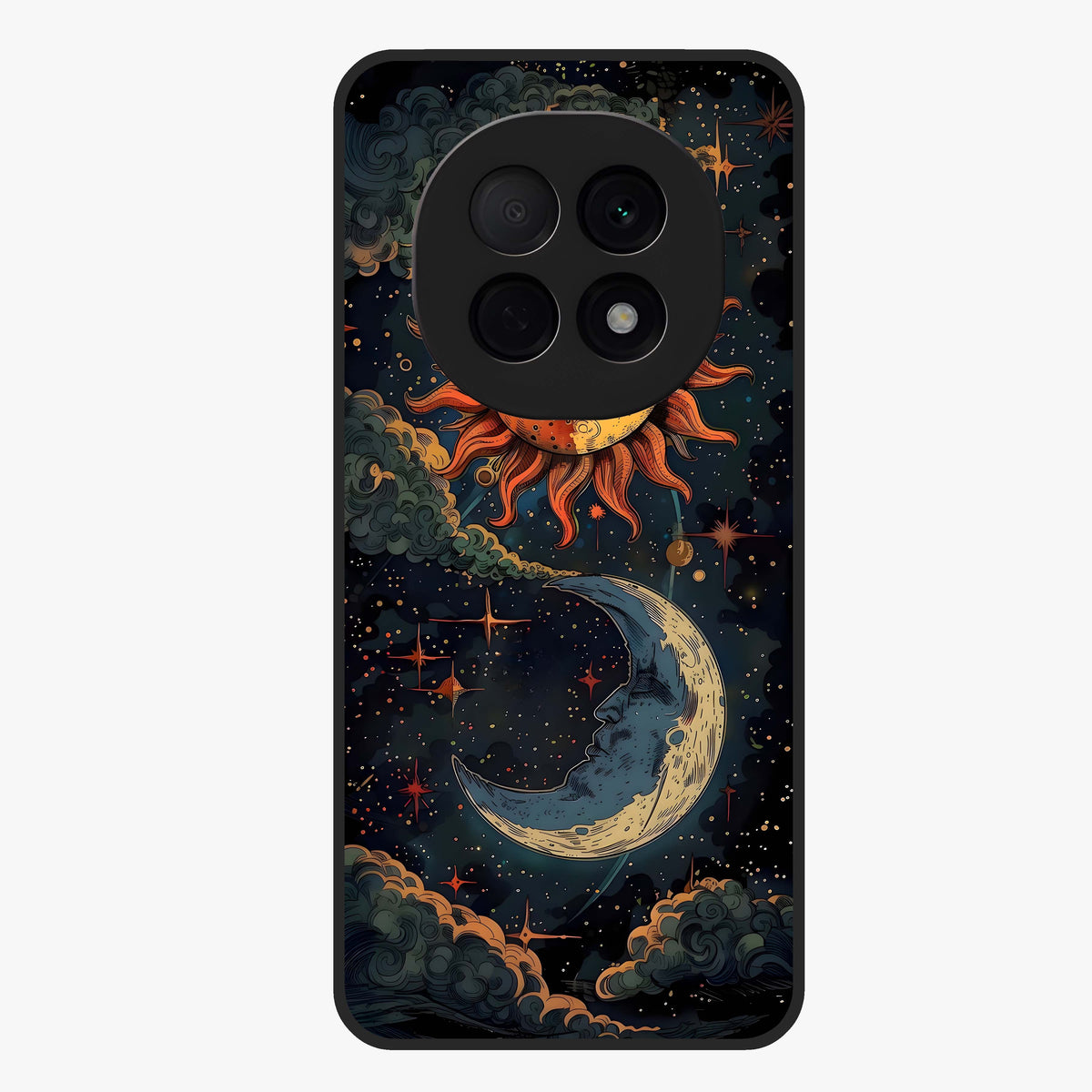 Sun And Moon Magic Design Glass Case showing flat back view with mystical sun and moon artwork and glossy glass finish.