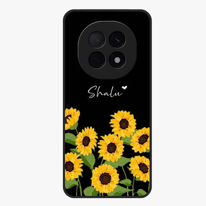 Sunflower Chic Mood Custom Name Glass Case showing flat back view with stylish sunflower artwork and personalized name design.