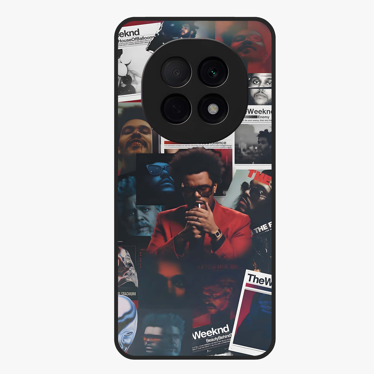The Weeknd Glass Case showing flat back view with music inspired artistic portrait artwork and glossy glass finish.