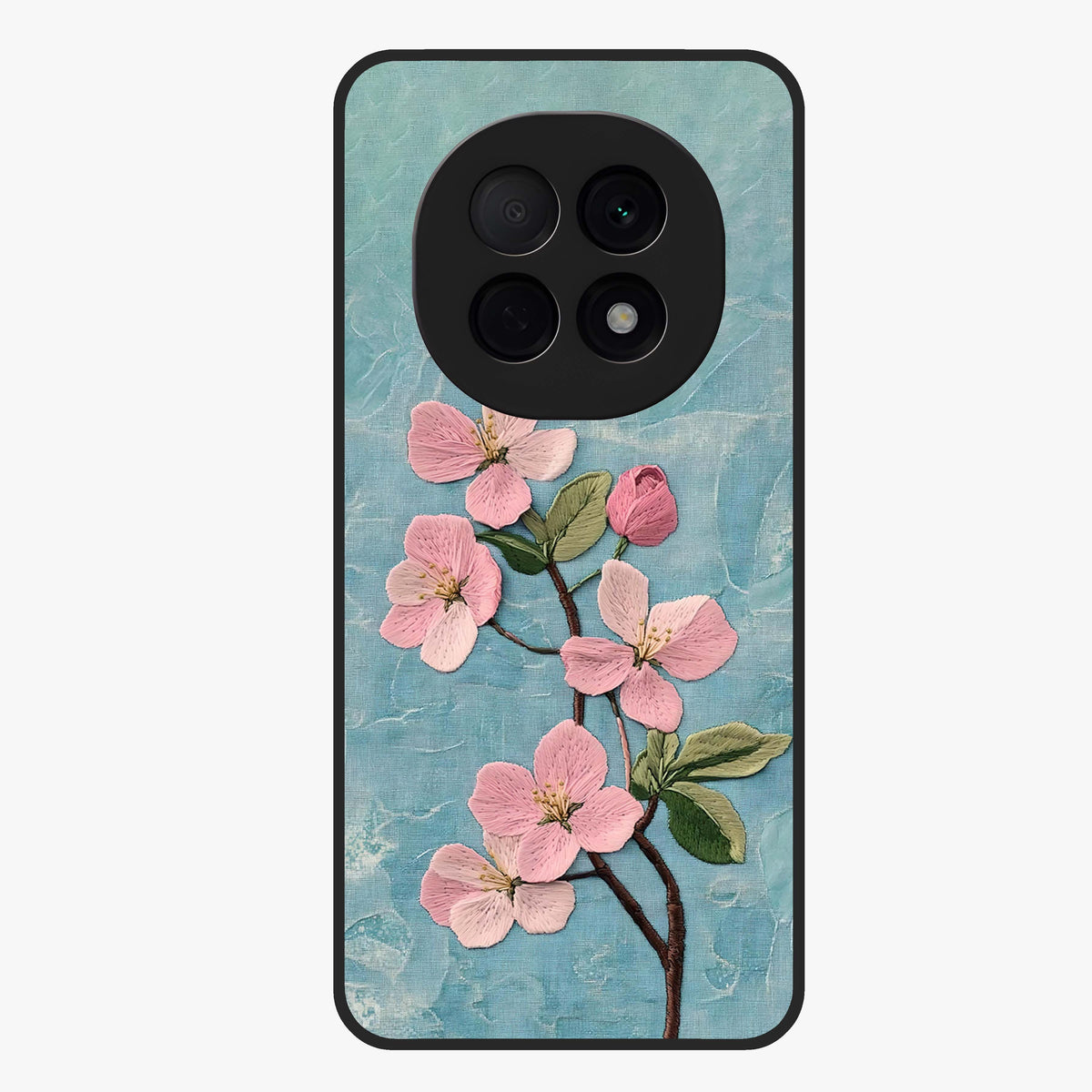 Threaded Blossom Breeze Glass Case showing flat back view with delicate blossom artwork and glossy glass finish.