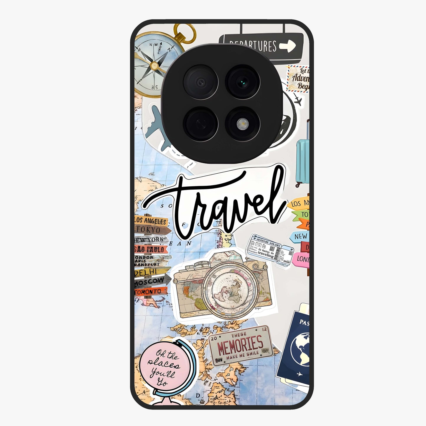 Wanderlust Journal Glass Case showing flat back view with travel inspired artwork and glossy glass finish.