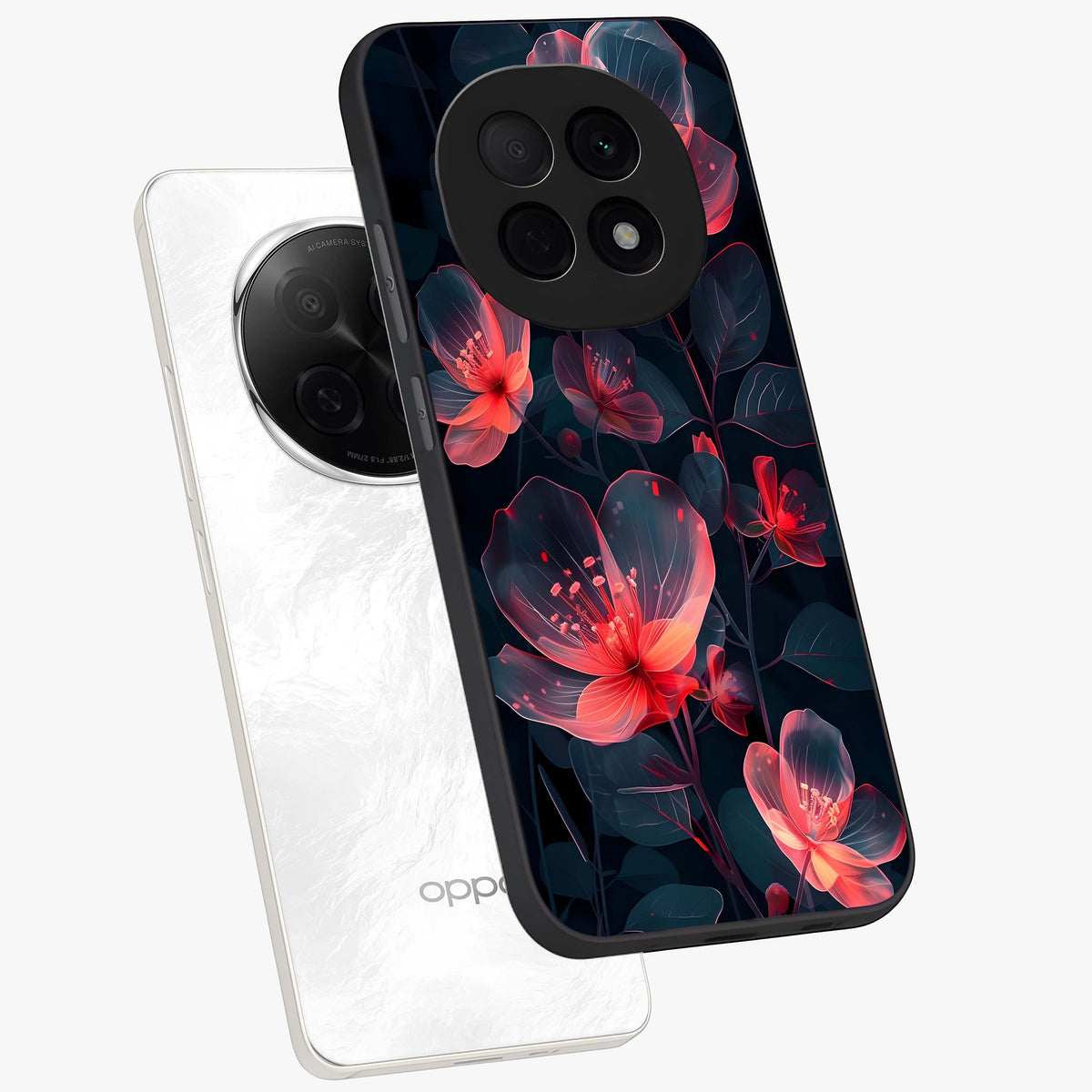 Dark Shade of Flower Glass Case displayed in angled mockup highlighting moody floral illustration with aesthetic dark tones.