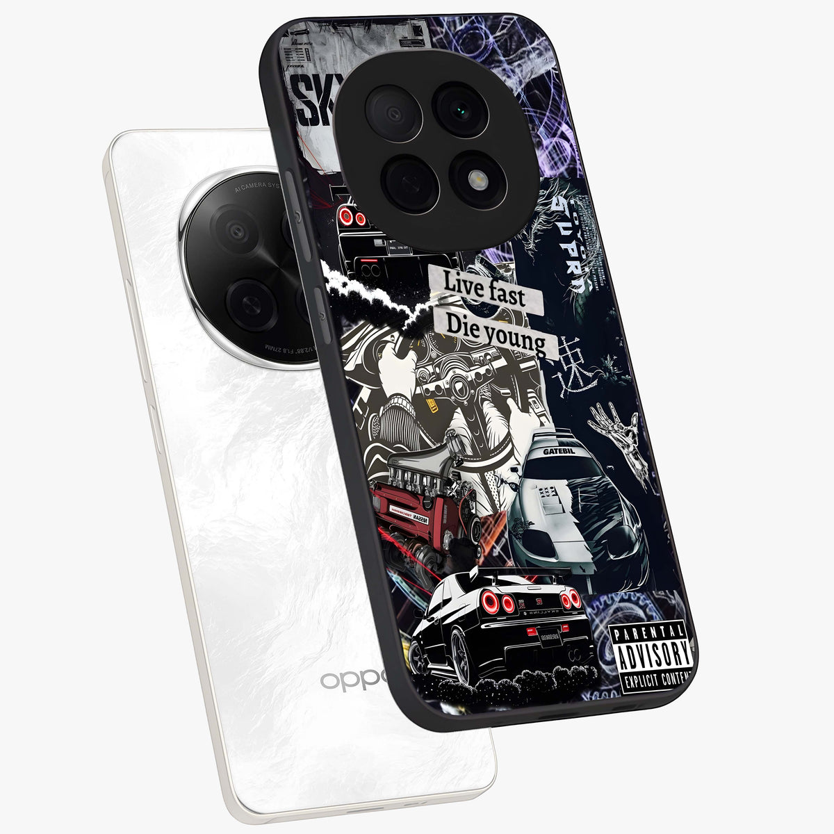 Die Young Glass Case displayed in angled mockup highlighting expressive graphic artwork with edgy aesthetic style.