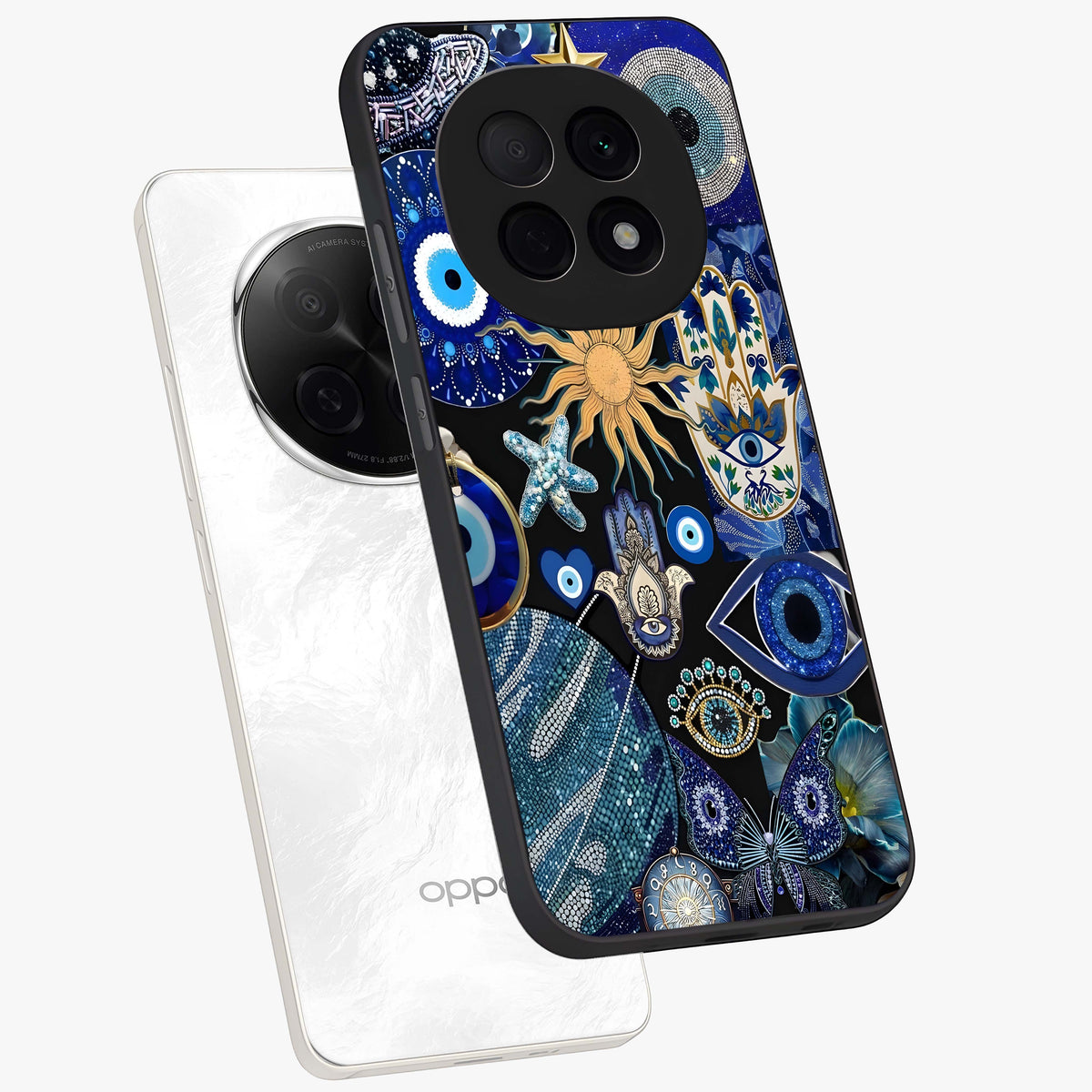 Evil Eye Charm Mix Glass Case displayed in angled mockup highlighting protective evil eye symbols with spiritual aesthetic design.
