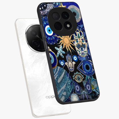 Evil Eye Charm Mix Glass Case displayed in angled mockup highlighting protective evil eye symbols with spiritual aesthetic design.