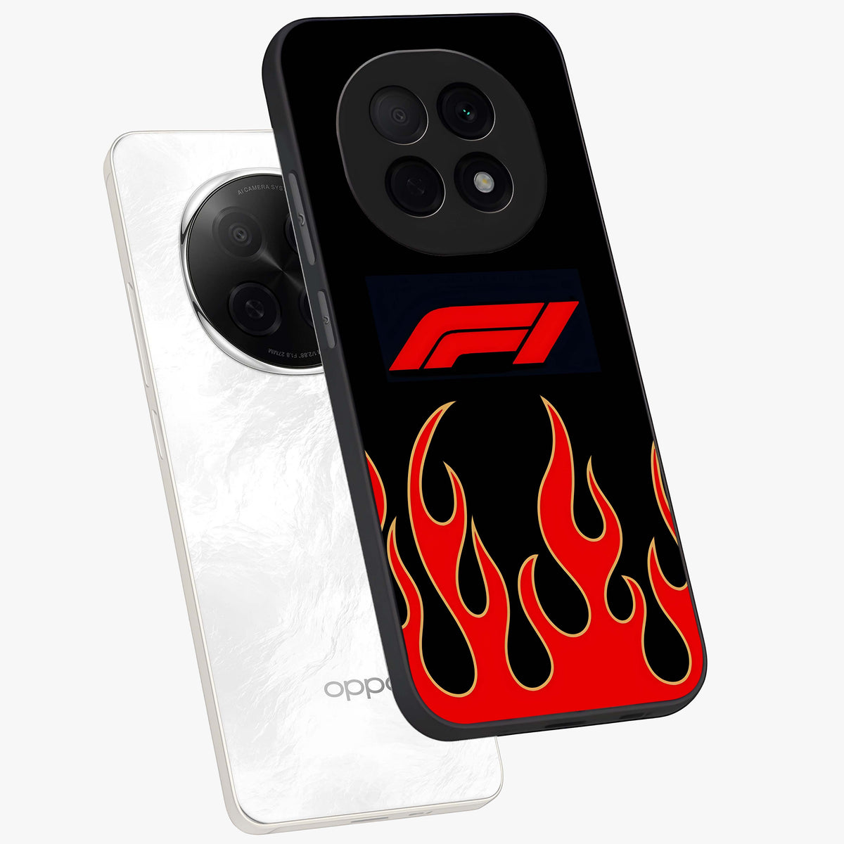 Fire F11 Glass Case displayed in angled mockup highlighting bold fire inspired graphic with energetic aesthetic style.