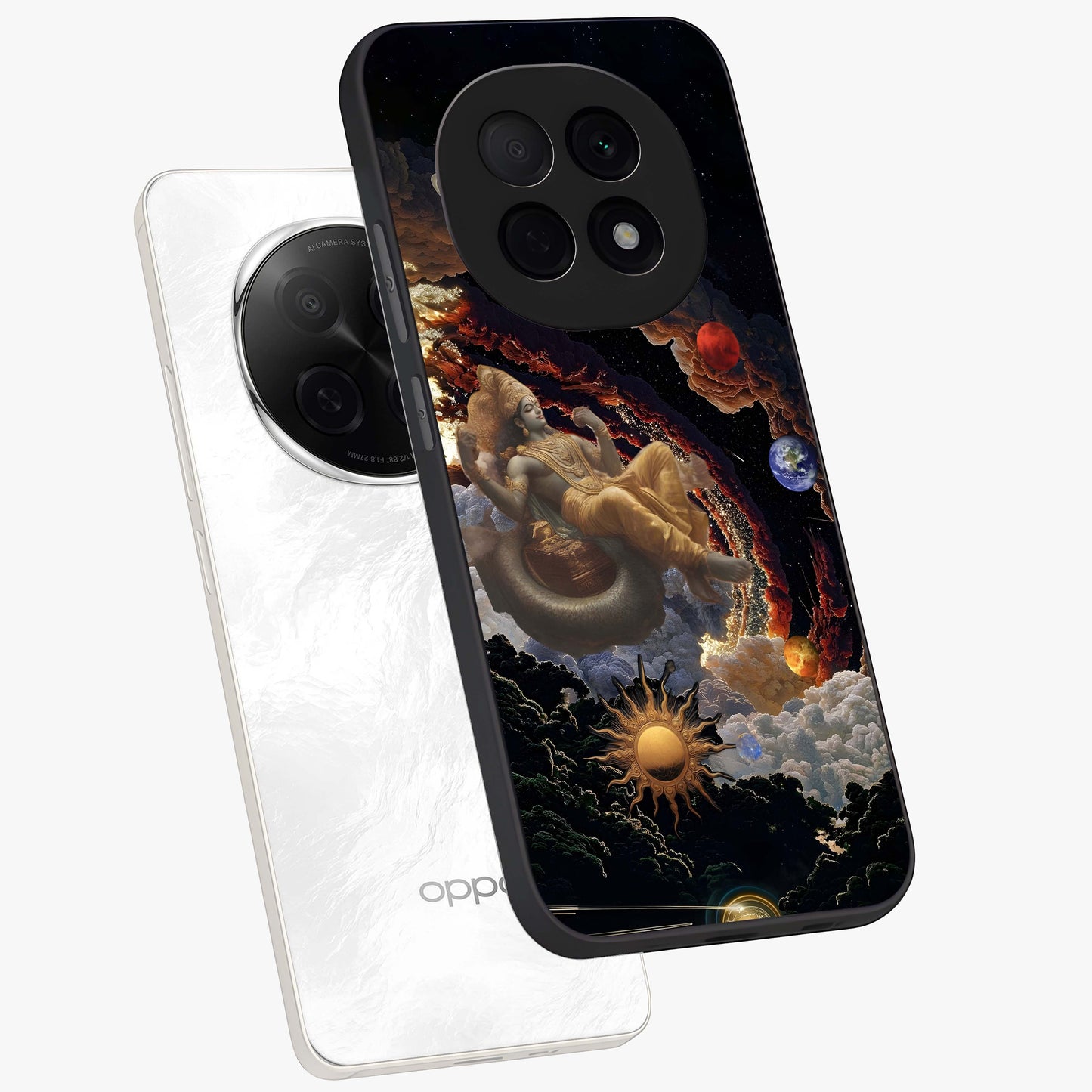 Galactic Divine God Glass Case displayed in angled mockup highlighting powerful celestial deity illustration with galactic aesthetic.