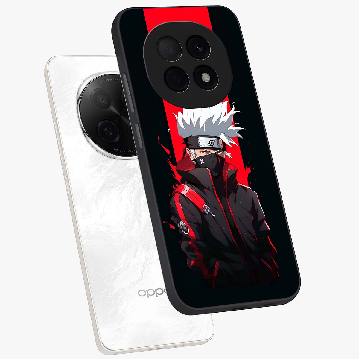 Kakashi Scarlet Shadow Glass Case displayed in angled mockup highlighting dramatic ninja illustration with scarlet themed aesthetic.