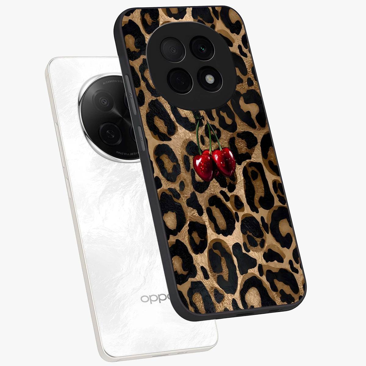 Leopard Wild Cherry Glass Case displayed in angled mockup highlighting bold animal print design with playful cherry aesthetic.