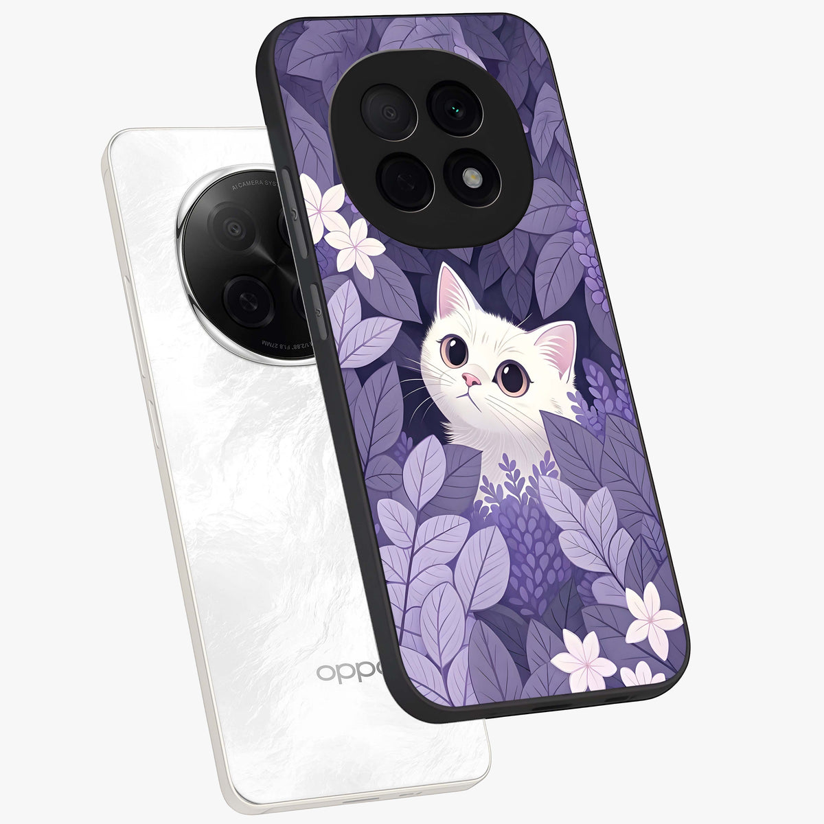 Lilac Hide Peek Cat Glass Case displayed in angled mockup highlighting playful feline illustration with lilac aesthetic design.