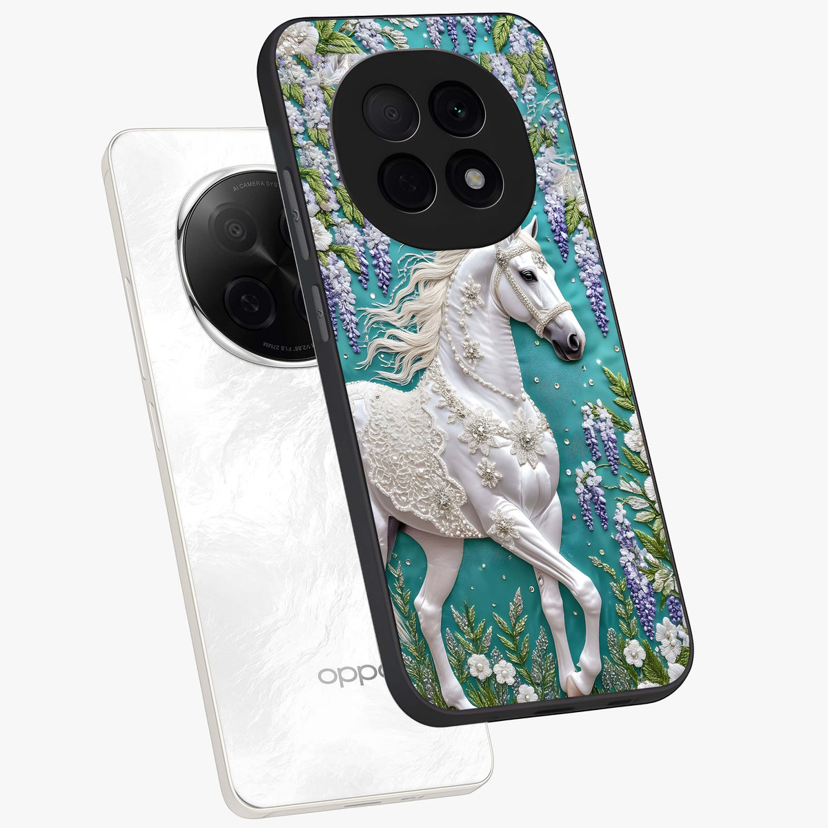 Majestic Floral Stallion Glass Case displayed in angled mockup highlighting majestic stallion illustration with elegant floral aesthetic.