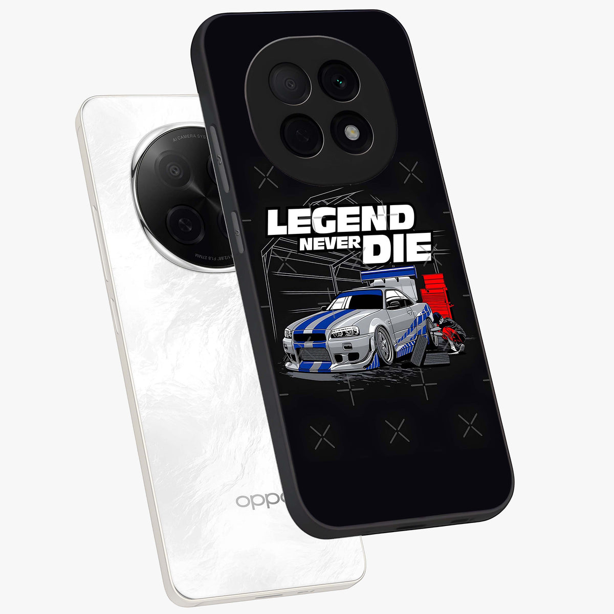 Midnight Racing Legacy Glass Case displayed in angled mockup highlighting dynamic automotive design with bold midnight aesthetic.