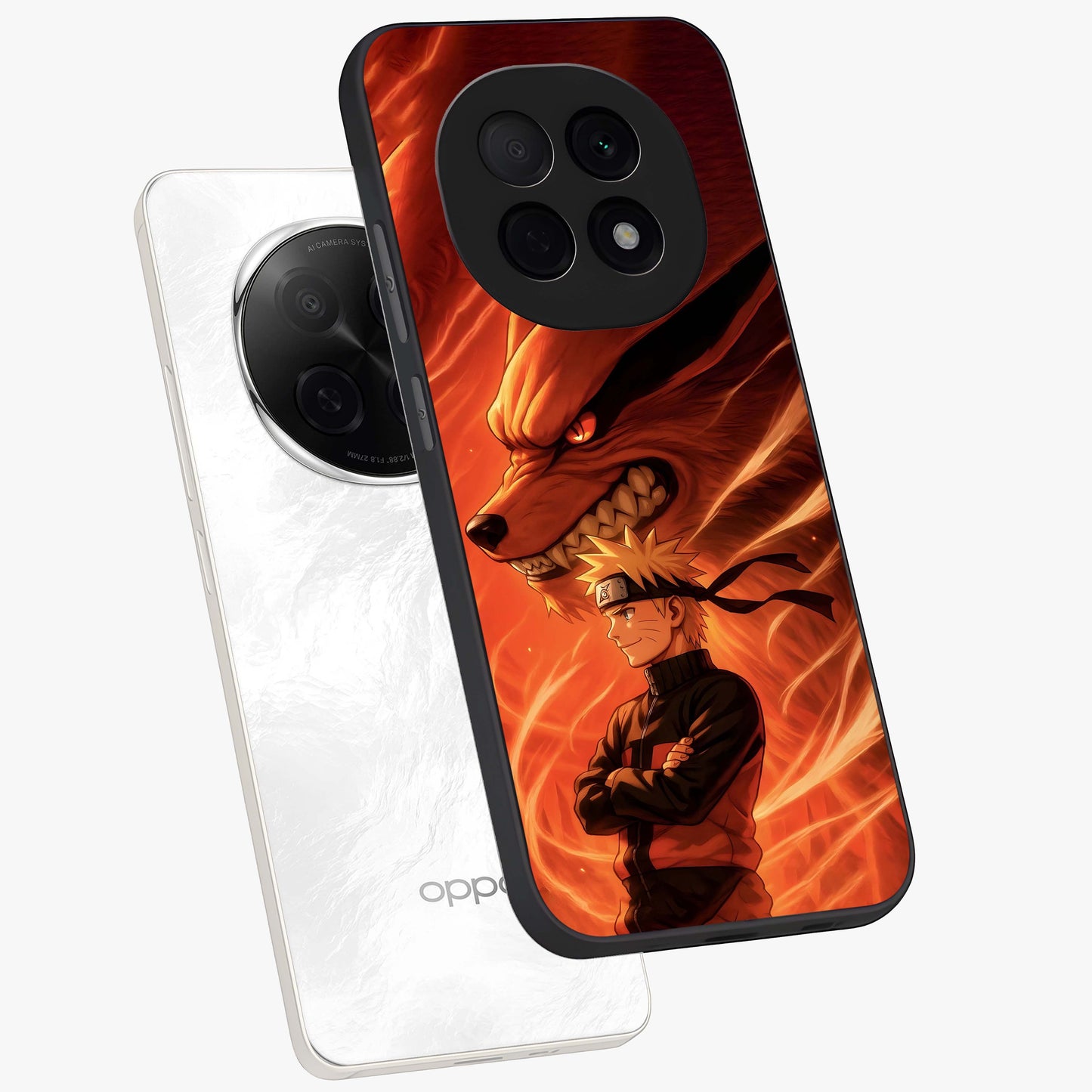 Nine Tails Legacy Glass Case displayed in angled mockup highlighting dynamic anime beast illustration with bold mystical aesthetic.