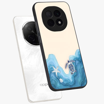 Ocean Drift Turtle Glass Case displayed in angled mockup highlighting peaceful ocean turtle illustration with marine aesthetic.