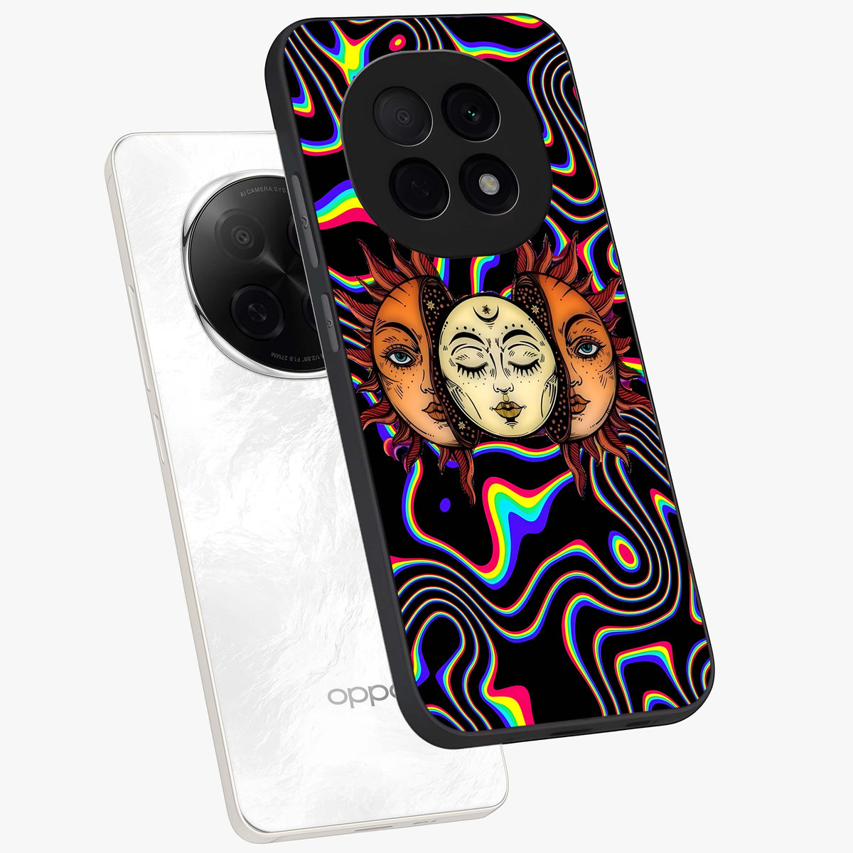 Psychedelic Sun Glass Case displayed in angled mockup highlighting vibrant abstract sun design with artistic aesthetic style.