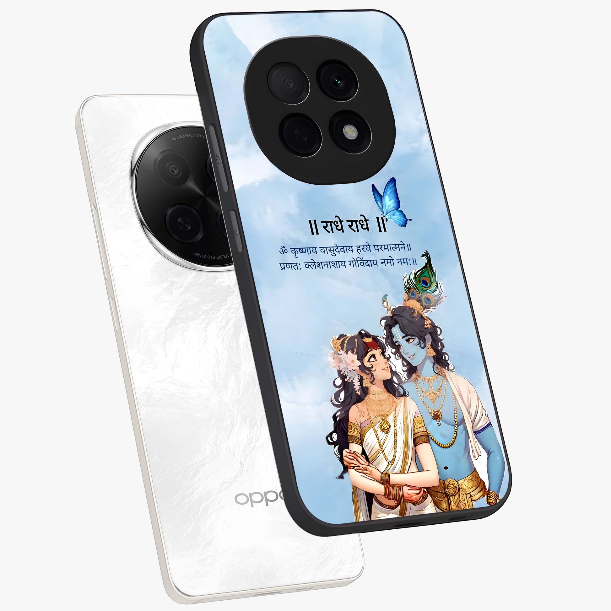 Radha Krishna Eternal Glass Case displayed in angled mockup highlighting divine Radha Krishna illustration with spiritual aesthetic.