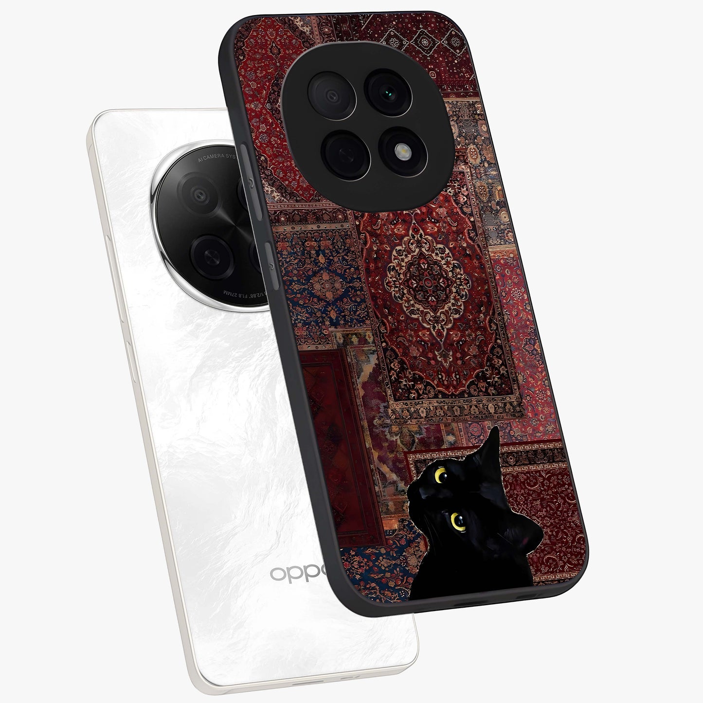 Regal Magic Cat Apple Glass Case displayed in angled mockup highlighting whimsical feline design with fantasy aesthetic.