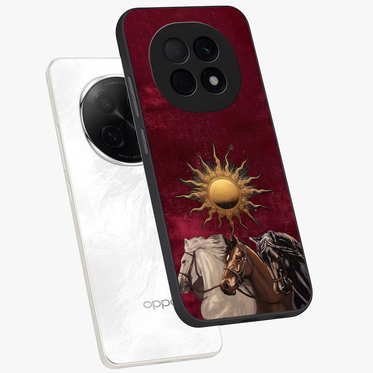 Solar Riders Glass Case displayed in angled mockup highlighting powerful rider illustration with radiant solar aesthetic.