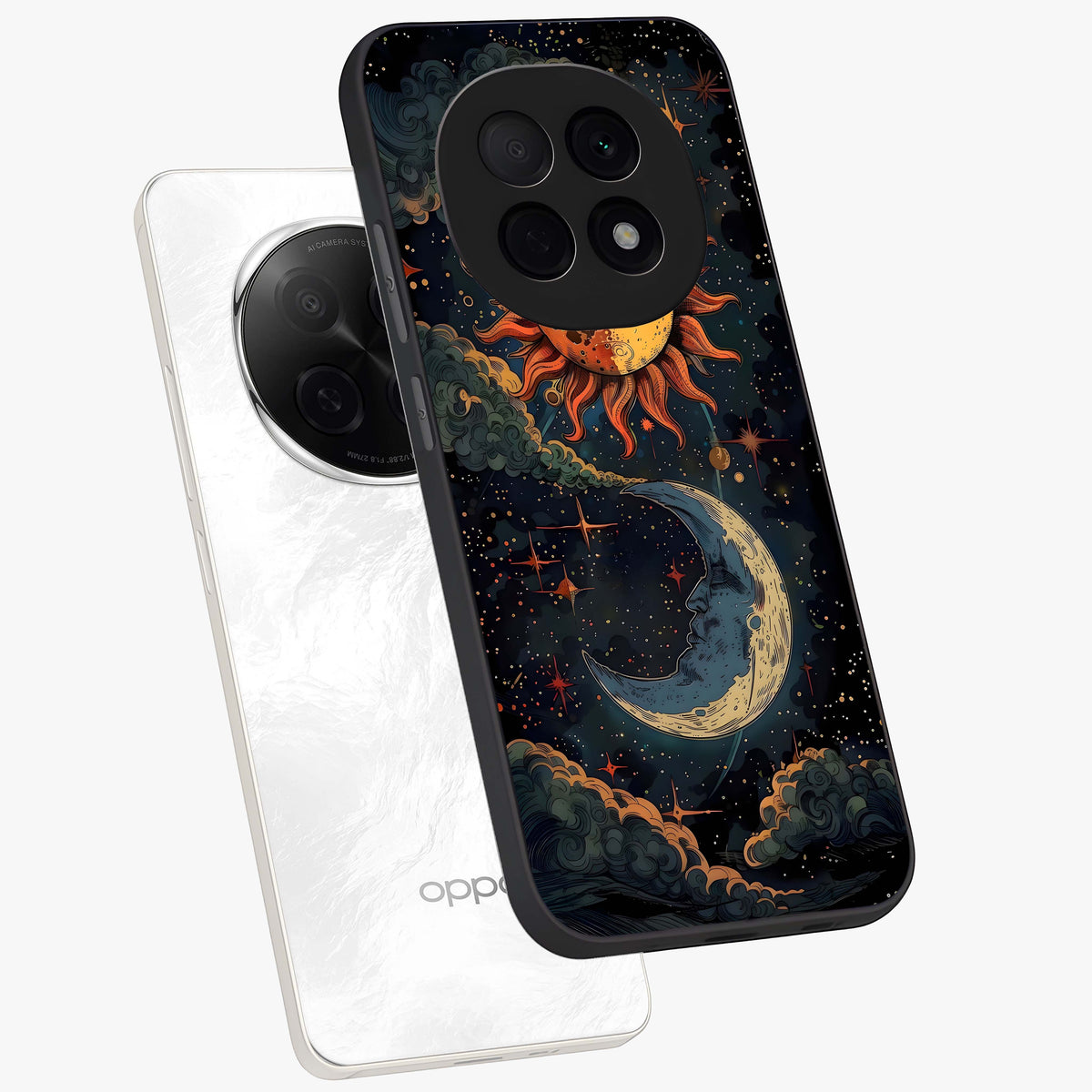 Sun And Moon Magic Design Glass Case displayed in angled mockup highlighting celestial design with magical cosmic aesthetic.
