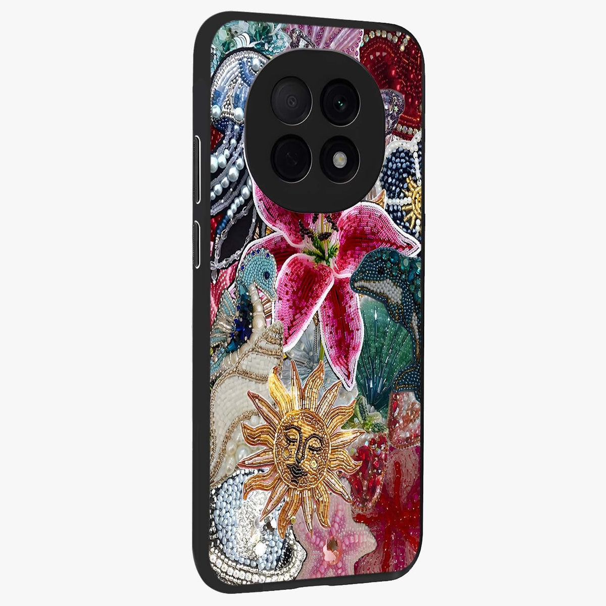 Beaded Garden Fantasy Glass Case upright view showcasing whimsical garden aesthetic with artistic bead details.