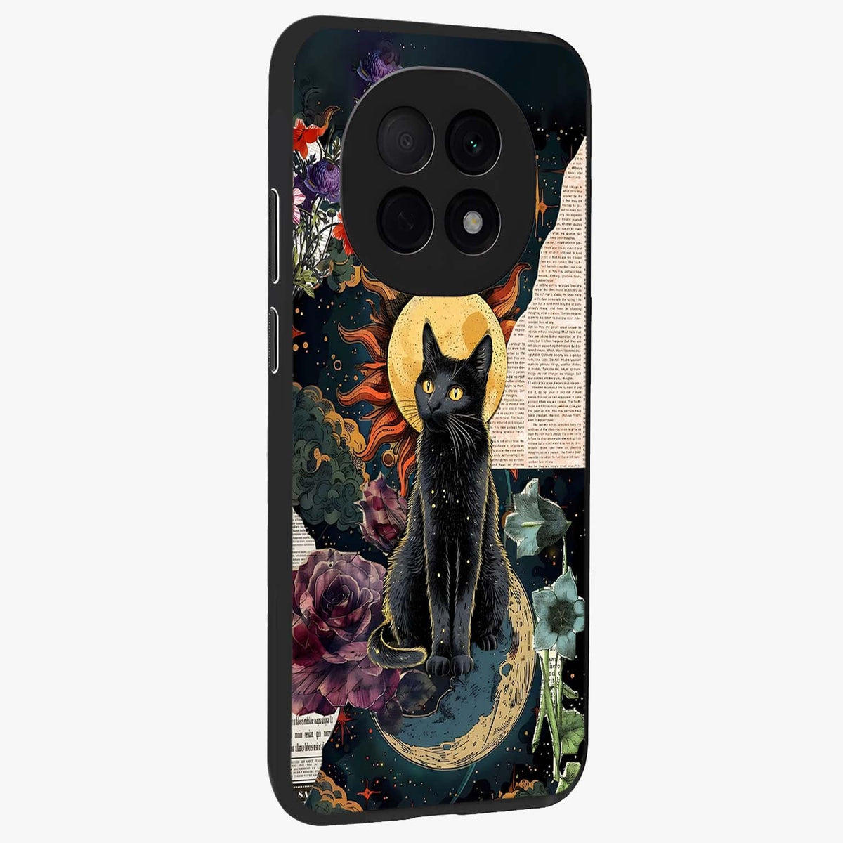 Celestial Black Cat Glass Case upright view showcasing magical black cat illustration with starry cosmic theme.