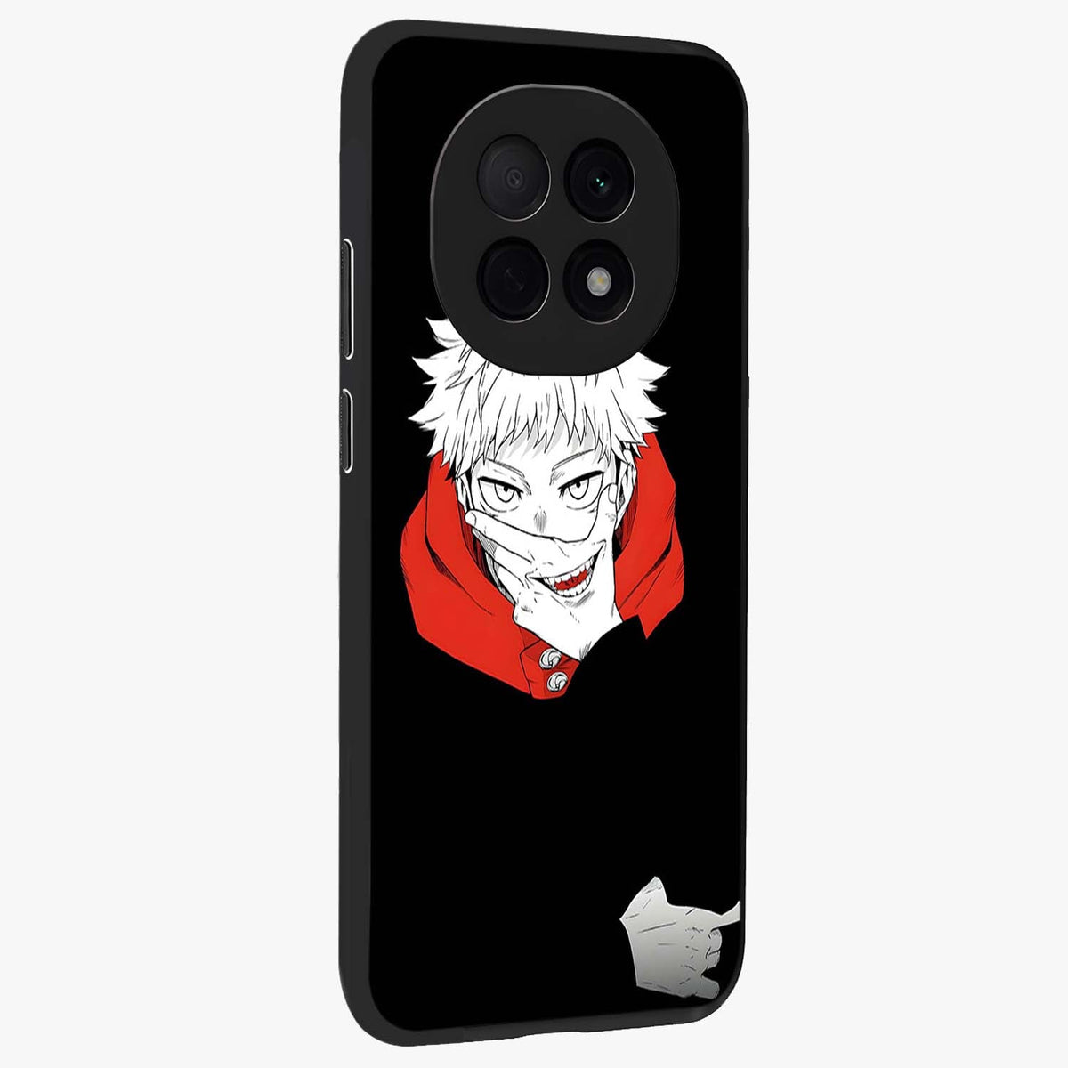 Crimson Chaos Smile Glass Case upright view showcasing expressive chaotic artwork with striking visual theme.