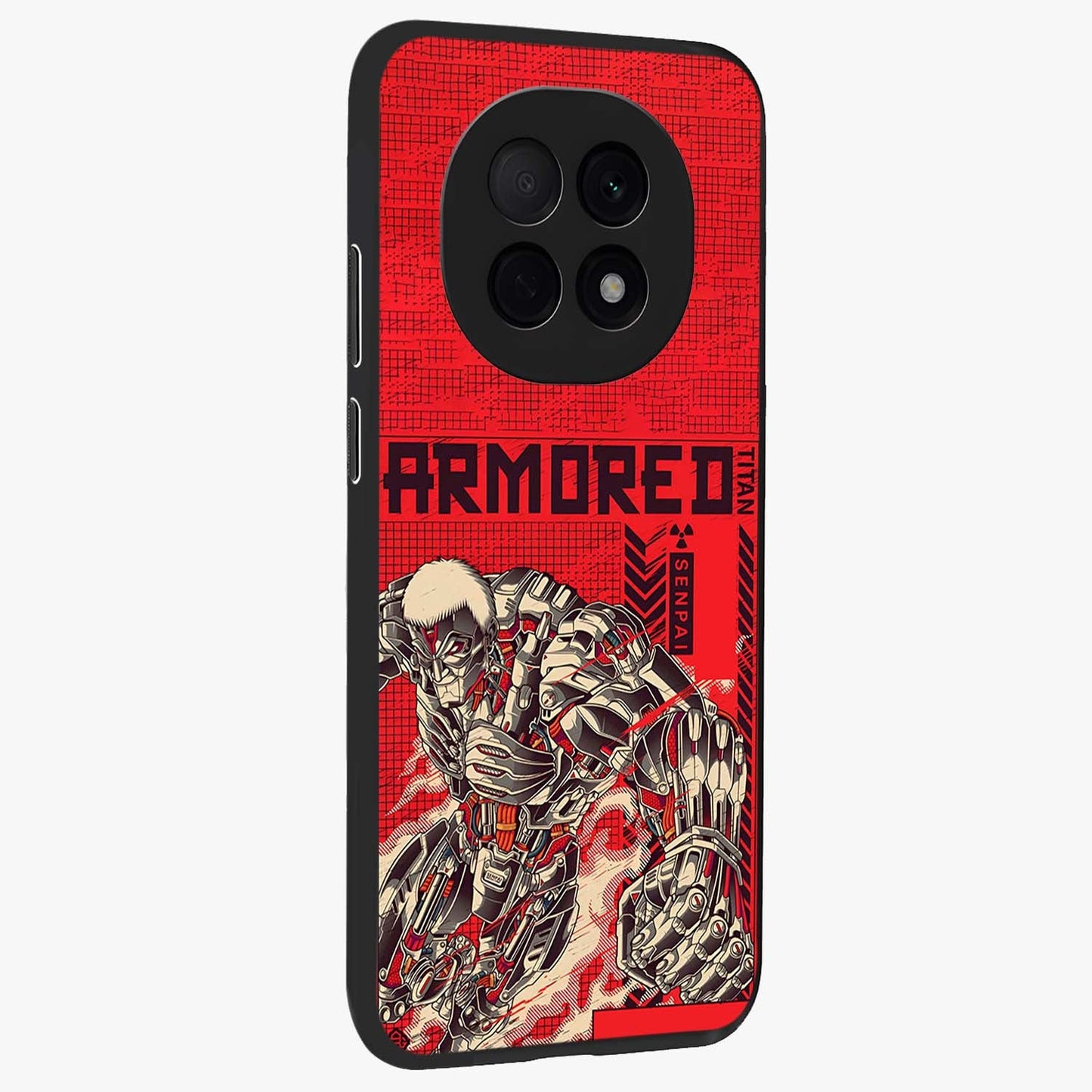 Crimson Mecha Titan Glass Case upright view showcasing dynamic robotic titan design with sci-fi inspired theme.