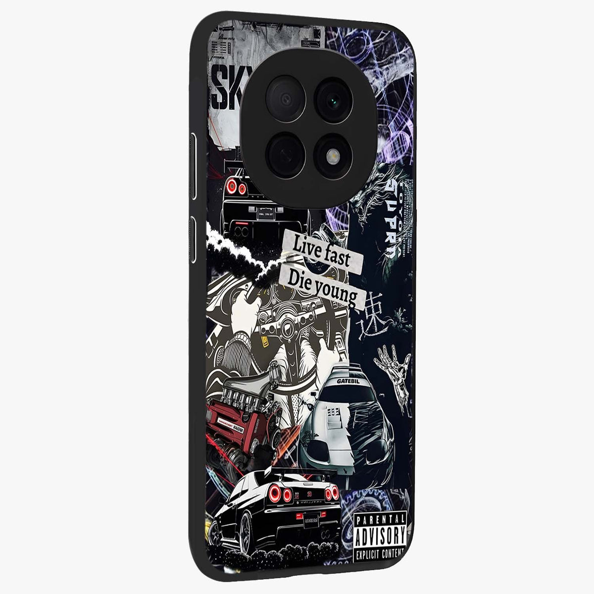 Die Young Glass Case upright view showcasing striking typography artwork with modern statement theme.