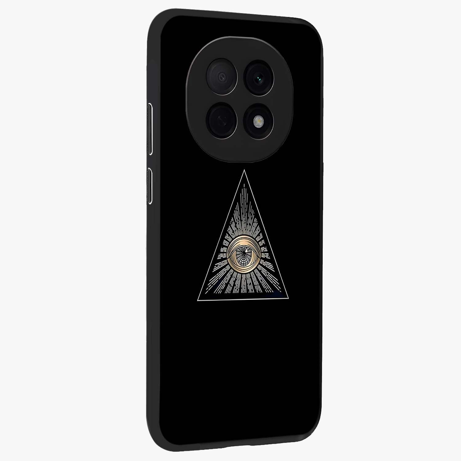 Illuminati Evil Glass Case upright view showcasing striking illuminati artwork with mysterious symbolic theme.