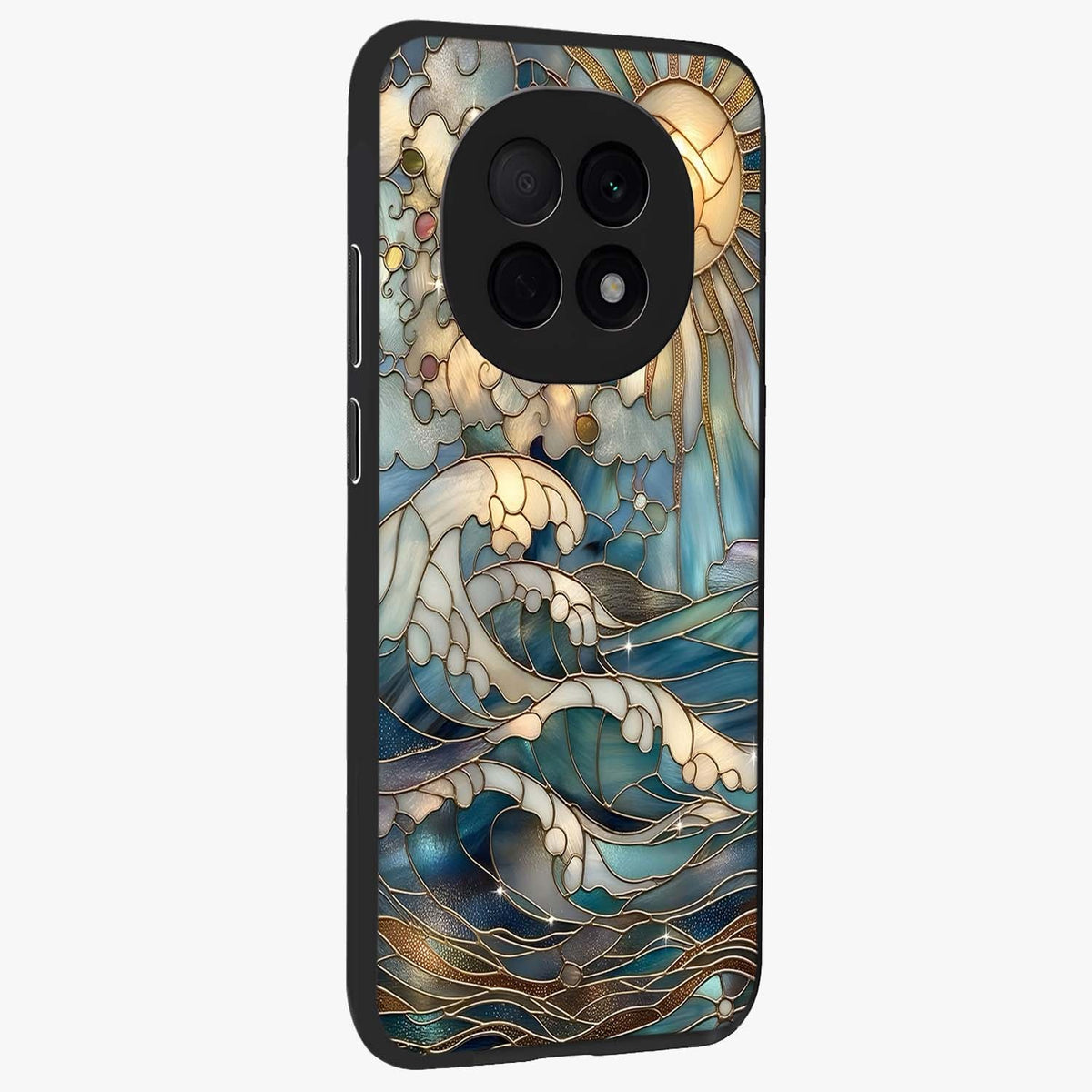 Oceanic Stained Printed Glass Case upright view showcasing decorative ocean pattern artwork with vibrant marine theme.