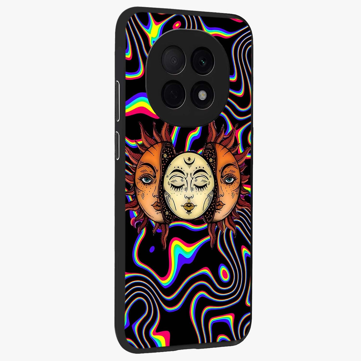 Psychedelic Sun Glass Case upright view showcasing trippy sun artwork with bold psychedelic theme.