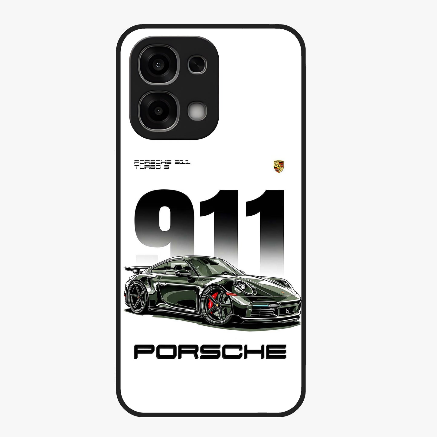 911 Turbo Dominance Glass Case showing clean flat back view with bold 911 sports car artwork and glossy glass finish.