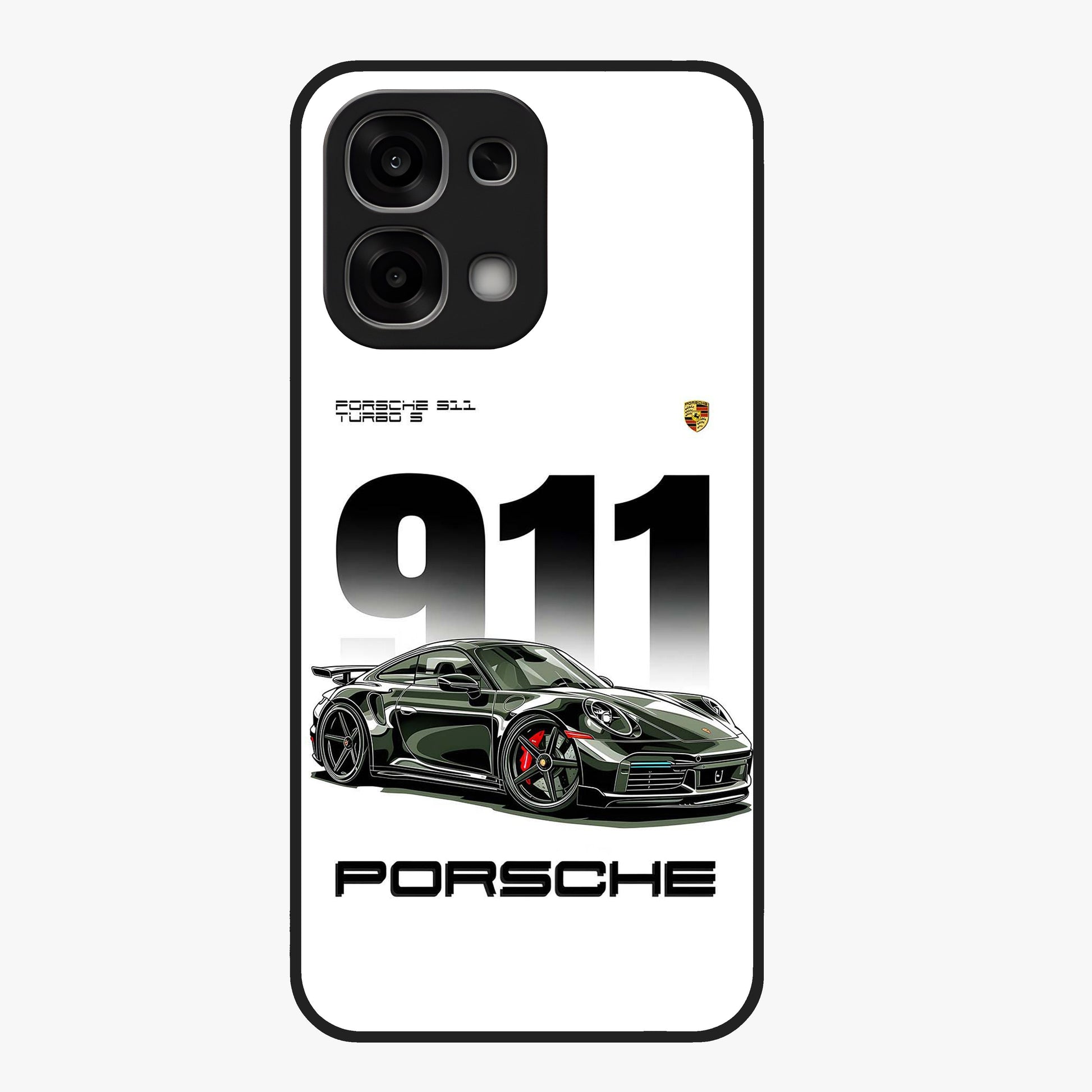 911 Turbo Dominance Glass Case showing clean flat back view with bold 911 sports car artwork and glossy glass finish.