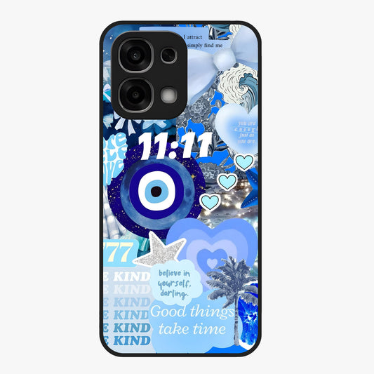 Aesthetic Be Kind Eye Glass Case showing flat back view with motivational eye artwork and glossy glass finish.
