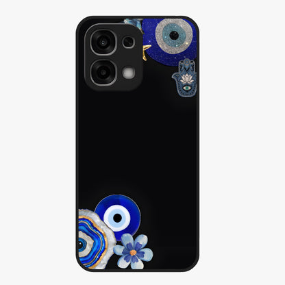 Aesthetic Blue Evil Eye Glass Case showing flat back view with protective evil eye artwork and glossy glass finish.