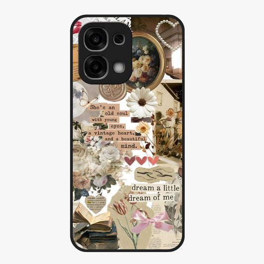 Aesthetic Brown Vintage Collage Glass Case showing flat back view with retro collage artwork and glossy glass finish.