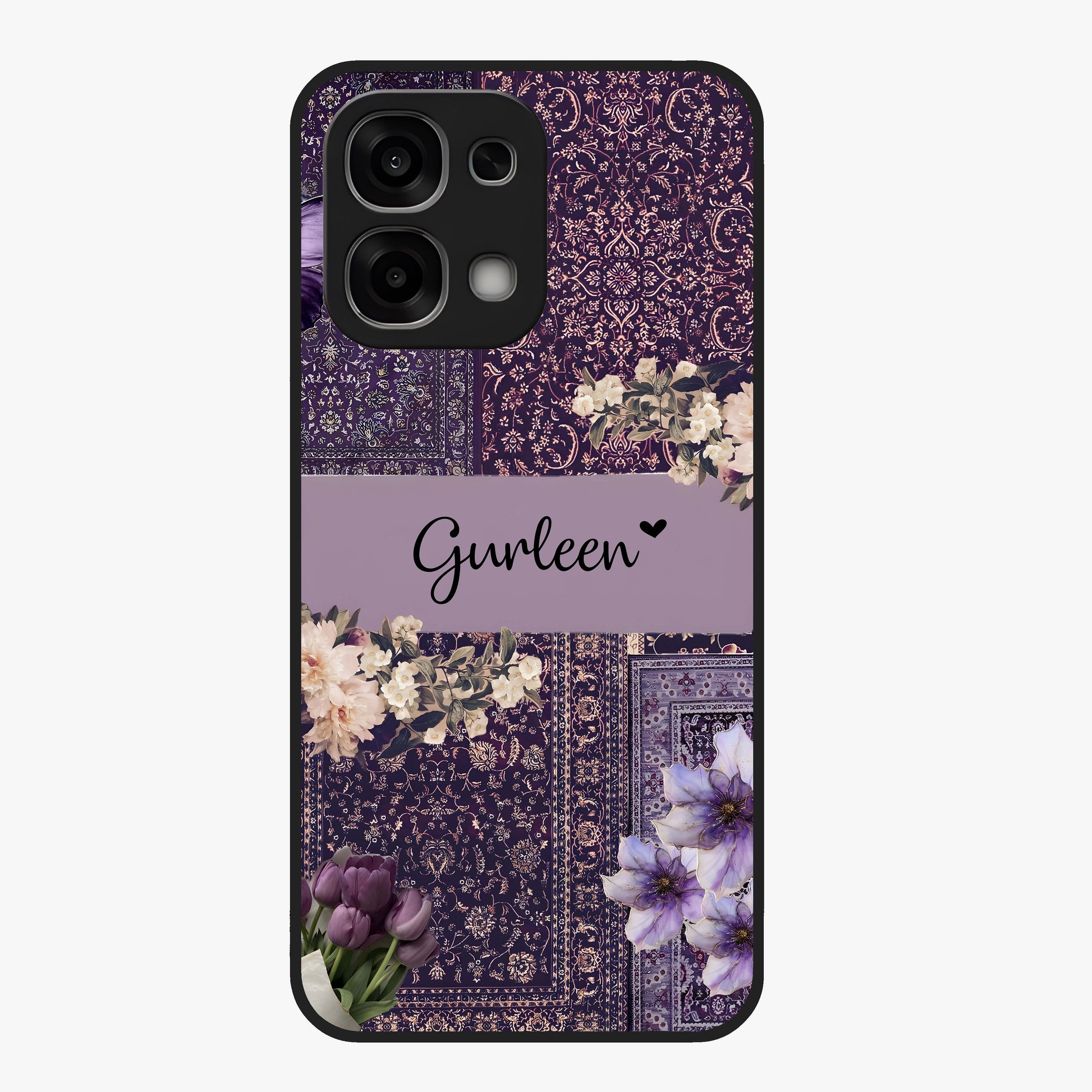 Antique Floral Whisper Custom Name Glass Case showing flat back view with vintage floral artwork and personalized name design.